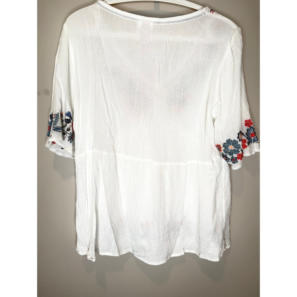 Knox Rose Embroidered Boho Peasant Guaze Top White Floral Large - Picture 5 of 6
